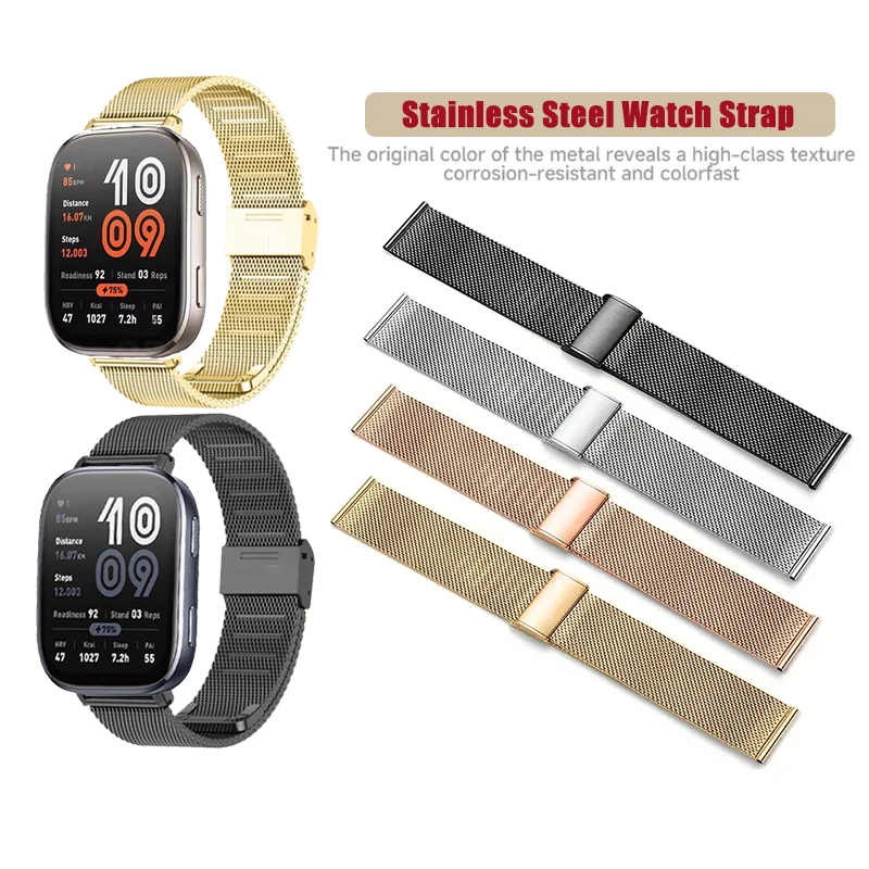 Bracelet milanais en acier inoxydable avec bouton-pression, 20mm 22mm, pour Huami Amazfit Bip 6 / Bip 5 / Unity/ Bip 3 Pro S U Lite/GTS 4 3 2 mini