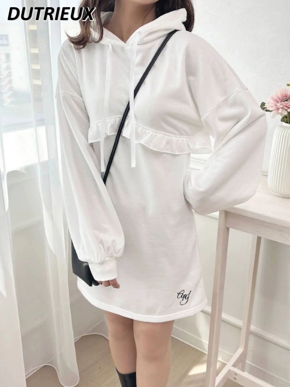 Japanese Style Girl Age-Reducing Ruffled Decorative Mid-length Pullover Embroidered Letters Hooded Long Sleeve Sweatshirt Dress