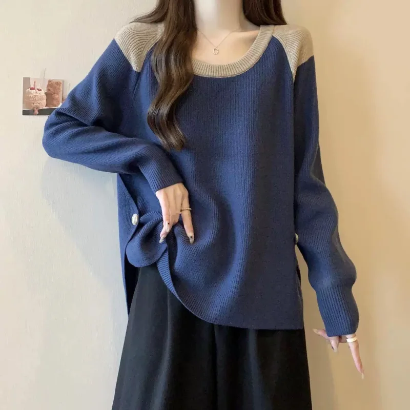 سترة محبوكة ذات ألوان مستشعرة للتصميم للنساء في الخريف والشتاء، بلوزة محبوكة فضفاضة للتخسيس وتقليل العمر