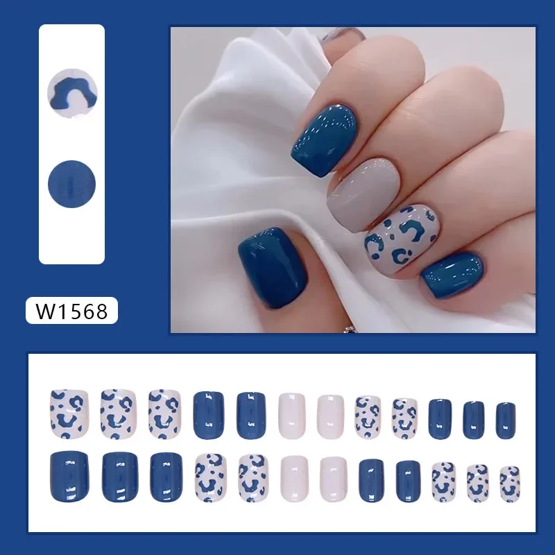 24szt Blue Short Square Press on Stick-on Nails Cheap False Nail Set Removable Fake Nails Girls Summer Finger Nail Art Simple