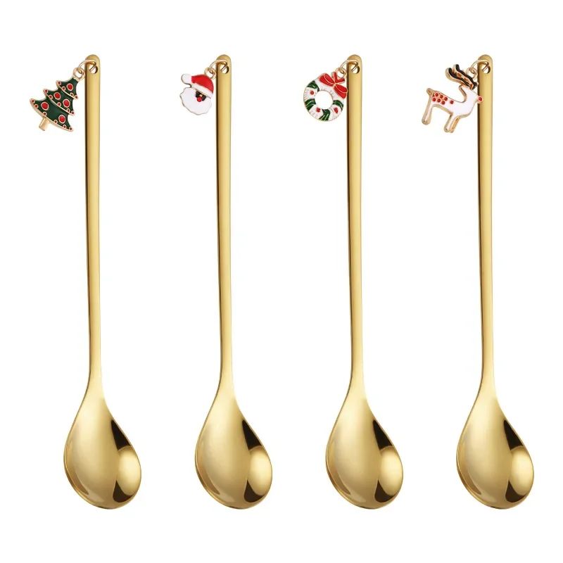 4PCS Christmas Stainless Steel Spoon Christmas Coffee Spoons Set Gold Home Restaurant Dessert Cutlery Set,Pendant for Xmas Party