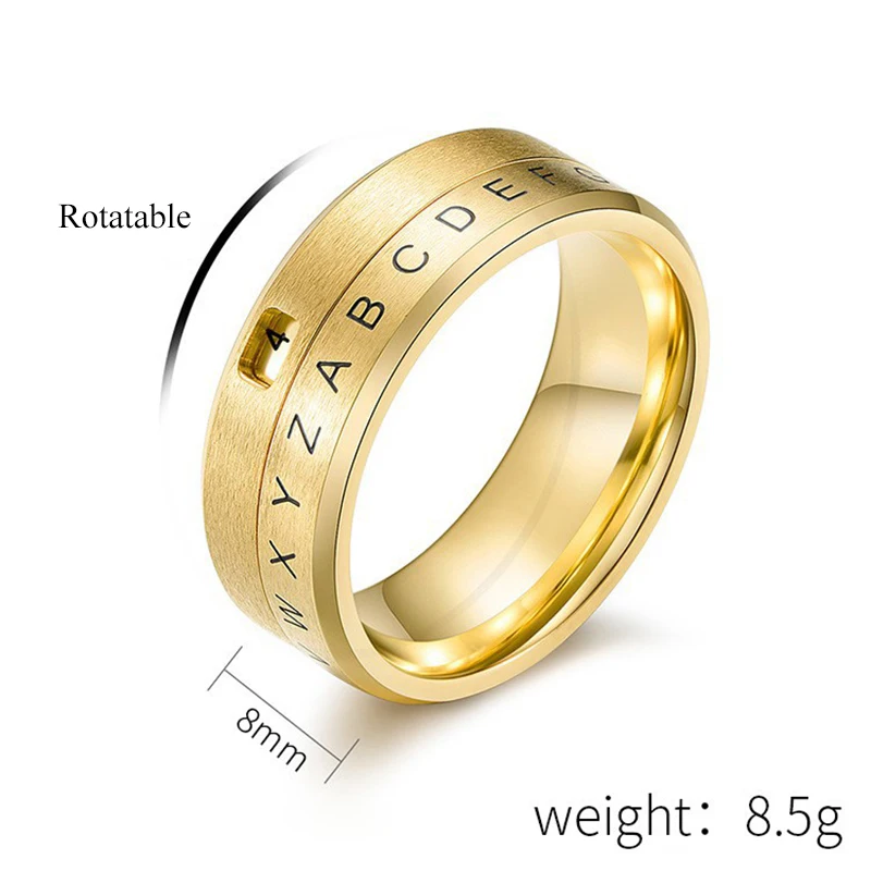 8MM Men\'s Stainless Steel Alphabet Number Spinner Ring Decoder Design Promise Engagement Wedding Band