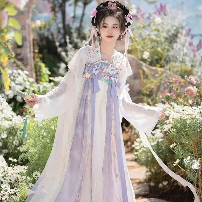 

Chinese Ancient Traditional Pink Purple Improved New Flower Embroidered Hanfu Dress Female Chest-length Summer Spring Day Suit