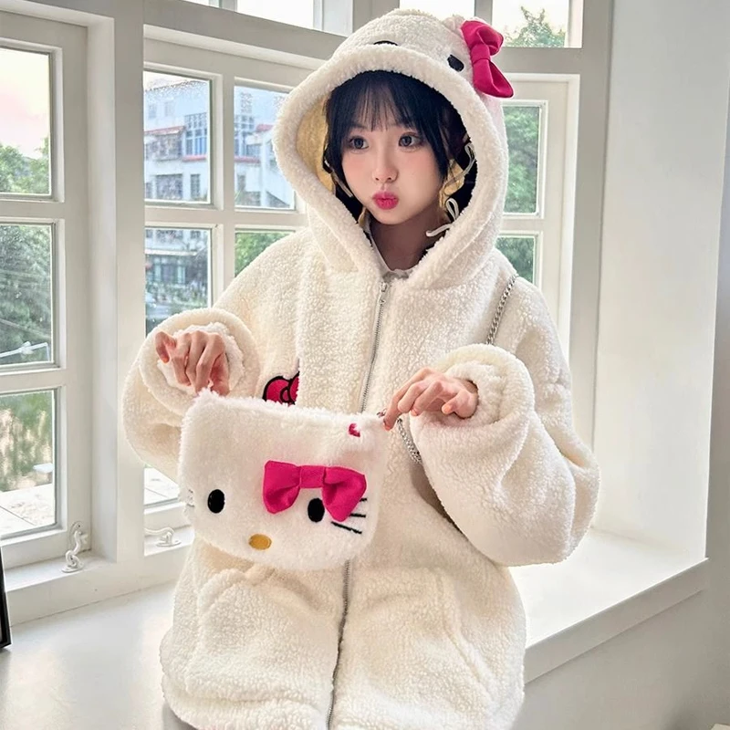 Free Bag Hello Kitty Kawaii Hooded Lambswool Coat Sanrioed Winter Cartoon Plus Velvet Thickening Plus Velvet Loose Cotton Jacket