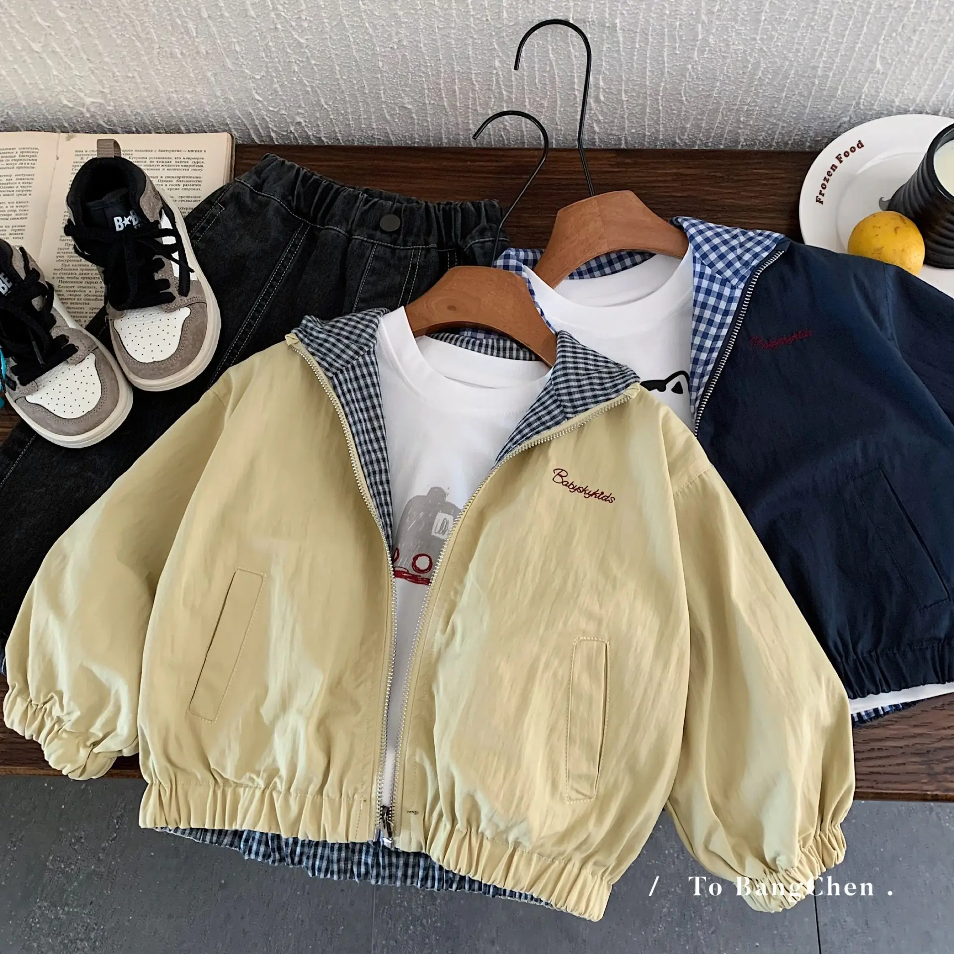 

Весенне-осенняя хлопковая двусторонняя куртка на молнии с вышивкой для маленьких мальчиков, школьное детское уличное пальто, детская одежда, ветровка, топы, От 2 до 10 лет