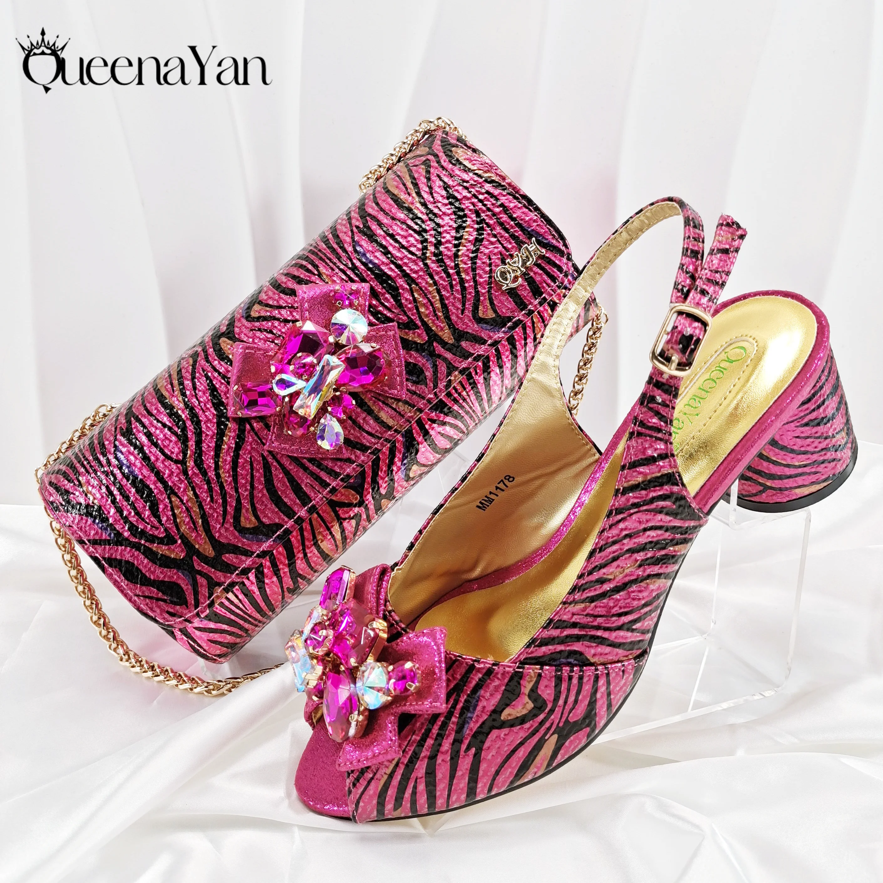 

Queena Yan 2025 Brown Color Metal Rhinestone Embellishment Elegant New Women High Heels Shoes and Bag Set Peep Toe Shoes