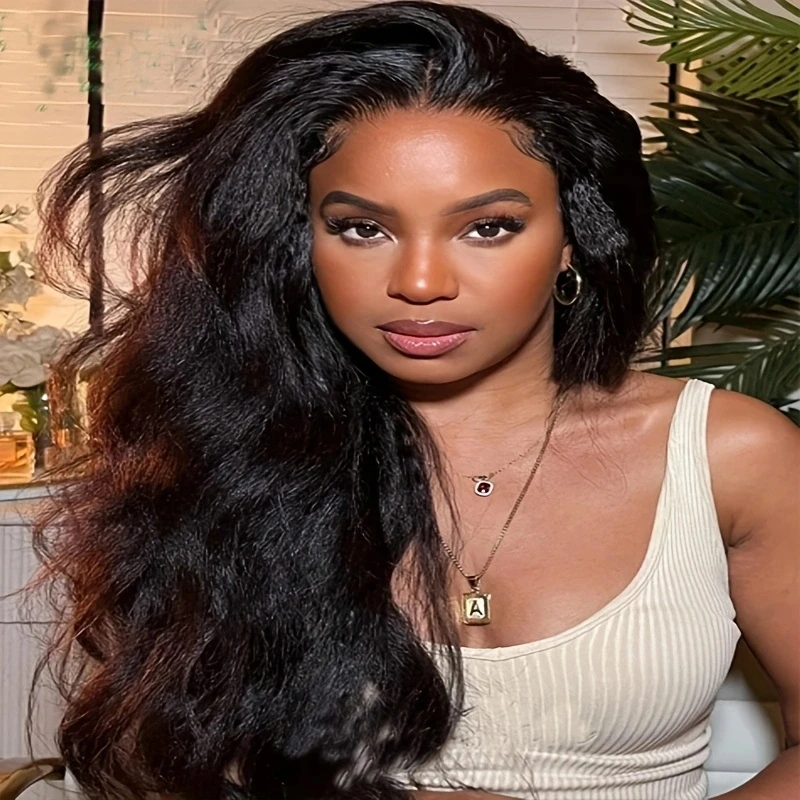 26 дюймов Длинный Яки Мягкий Натуральный Черный Кудрявый Прямая Волна 180 Плотность 13x4 Парик Фронта Шнурка Для Женщин С Волосами Младенца Предварительно Сорванные Бесклеевые