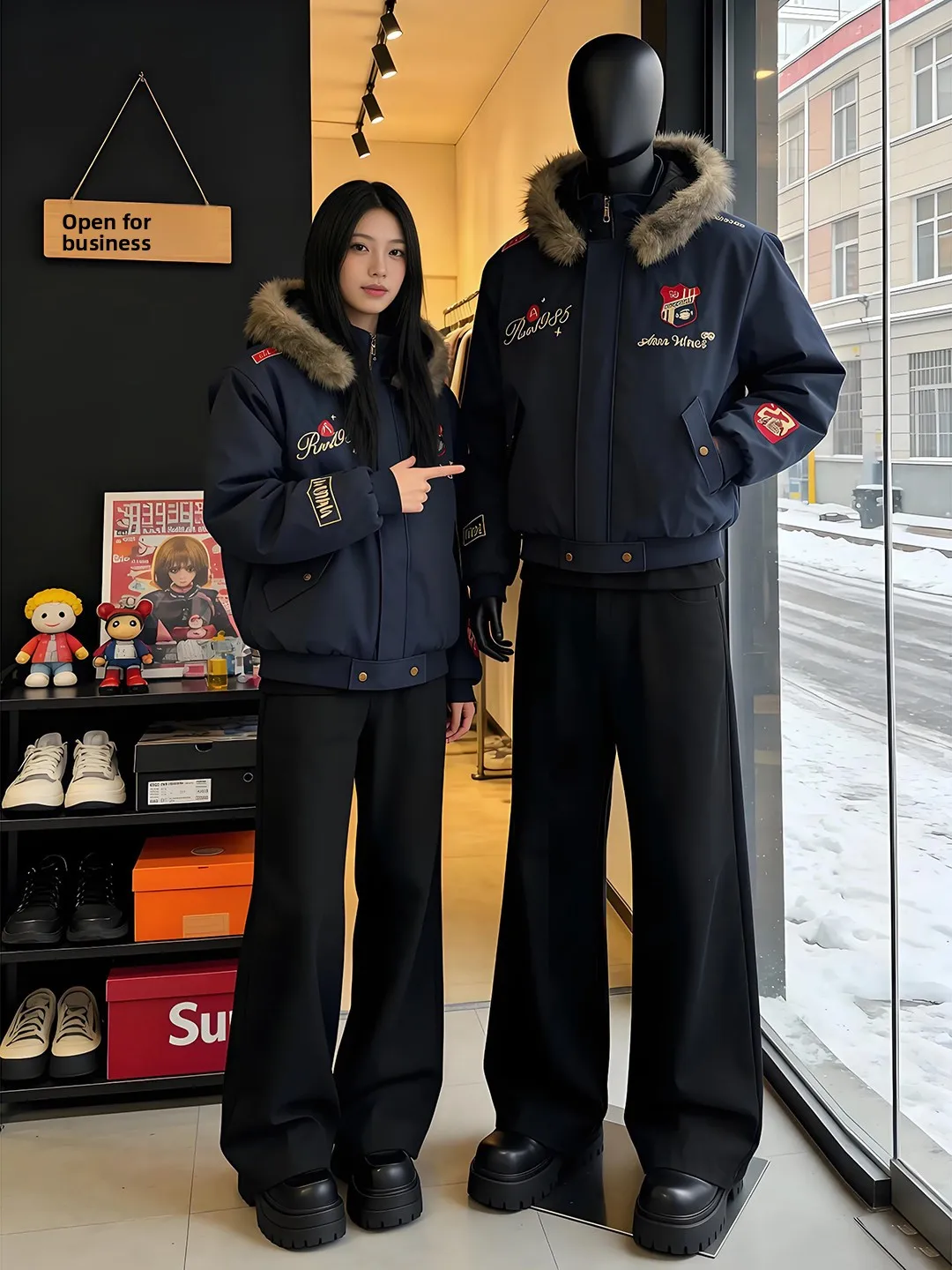 

Retro American Embroidered Patch Mountain Eagle Cotton Jaet Men Winter Thi Warm Fur Collar Hooded Cotton Coat Jae