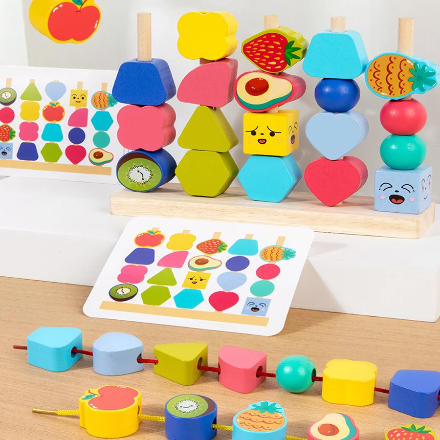 

Wooden Lacing Beads Stacking Blocks Toy for Toddlers Kids Shape Matching Color Sorting Early Educational Montessori Gift Toys