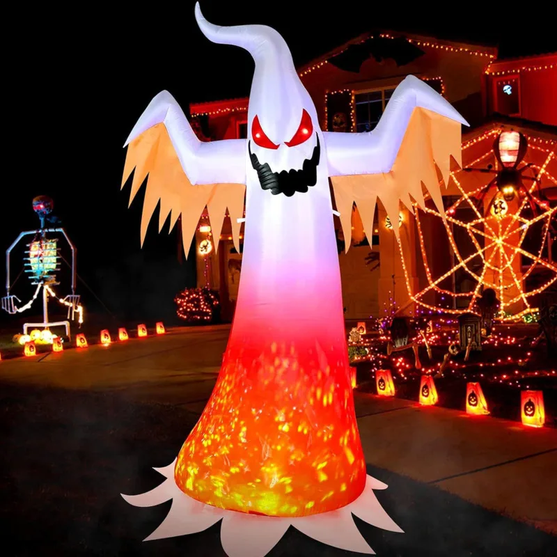 240cm Halloween Inflatable Ghost With Rotating Flame Light Glowing Ghost Prop Horror Halloween Decoration Home And Outdoor Yard