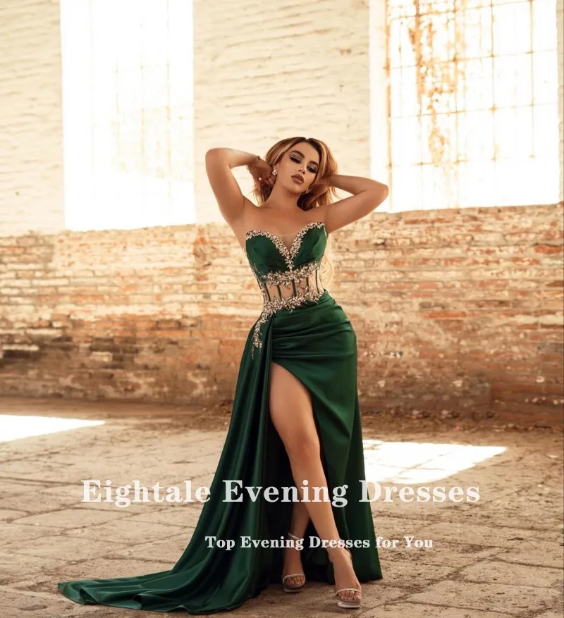 Eightale Formal Women\'s Evening Dresses Arabic Beaded Dubai Satin Sweetheart Dark Green Mermaid Party Prom Gowns robe de soirée