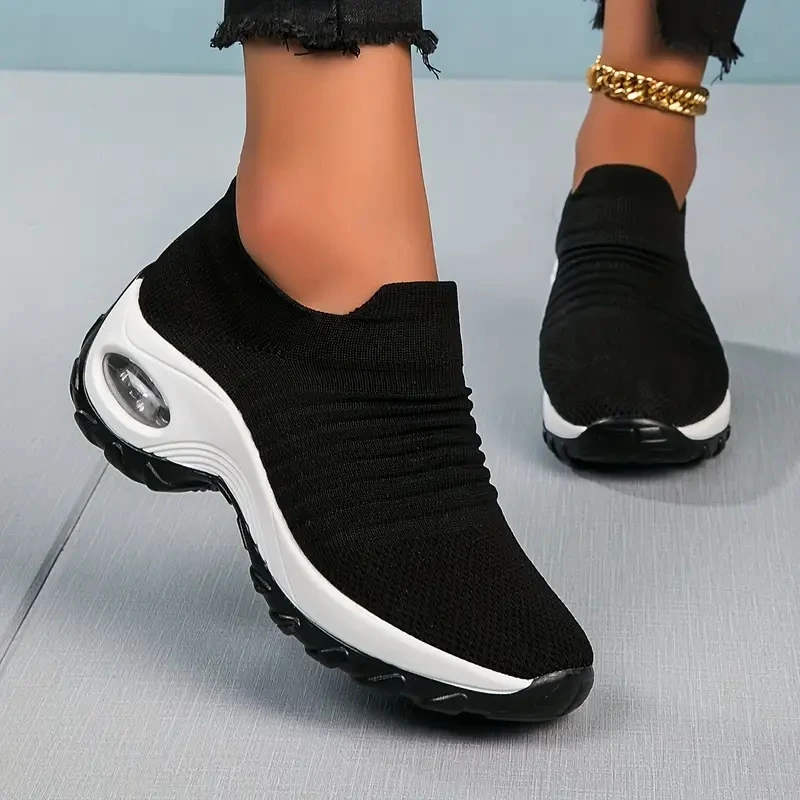 Women Slip-on Sock Sneakers Ladies Air Cushion Walking Running Shoes Black Fashion Non-Slip Comfortable Casual Shoes 1839 v