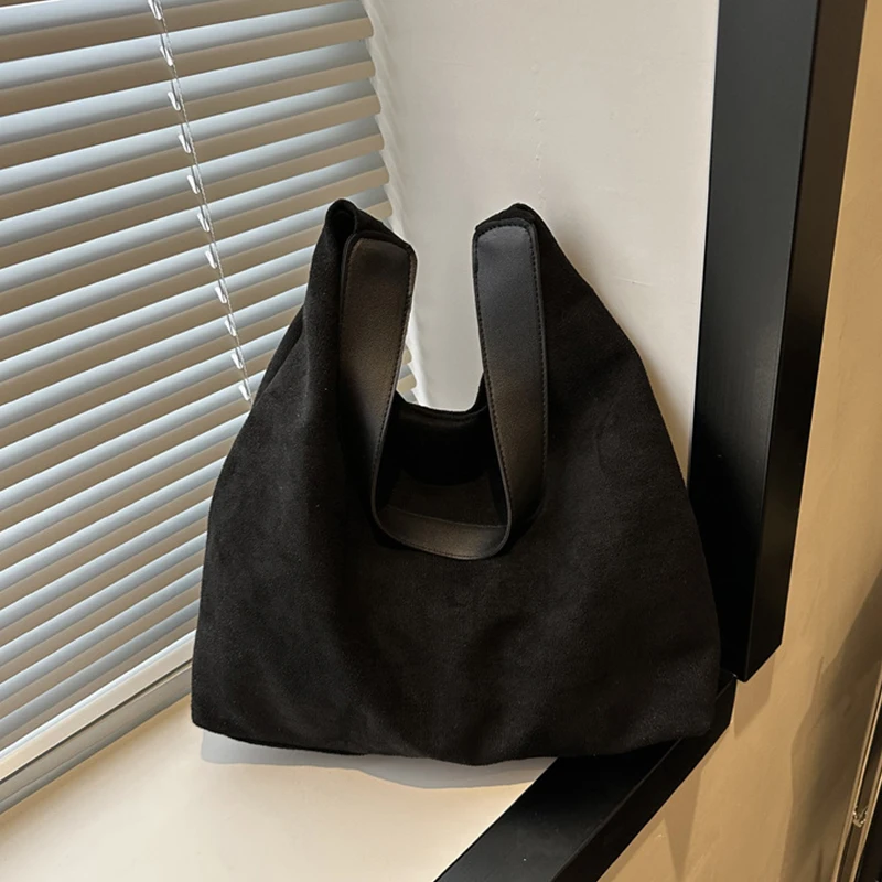 Vintage Damentasche, große Kapazität, Wildleder-Umhängetasche, einfarbig, schlichtes Design, lässige Pendler-Shopper-Tasche – Detail 19
