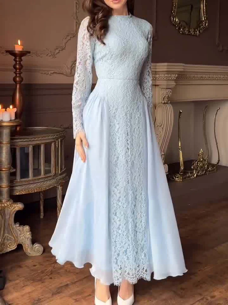 أنيقة س الرقبة عالية الخصر مطوي فستان حفلة موسيقية عادية الخريف المرأة فستان ماكسي الأزرق الدانتيل المرقعة بأكمام طويلة سوينغ فستان الحفلات