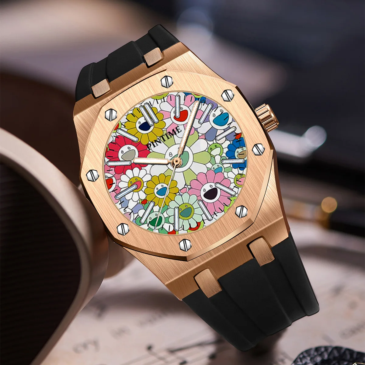 Sunflower Rubber Belt Night Light Fashion Leisure Waterproof Men\'s Quartz Watch