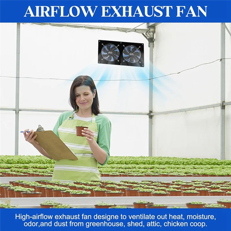 

A03F-High-Speed Solar Exhaust Fan 2-Pack, 15W Panel Brushless DC Powered Fan, Solar Ventilation For For Greenhouses