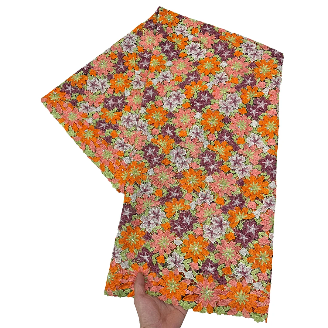 Unique Small Floral Perforated Silk Lace African Embroidered Voile Lace Mix Guipure Cord Fabric With Clear Stones Fashion Cloth