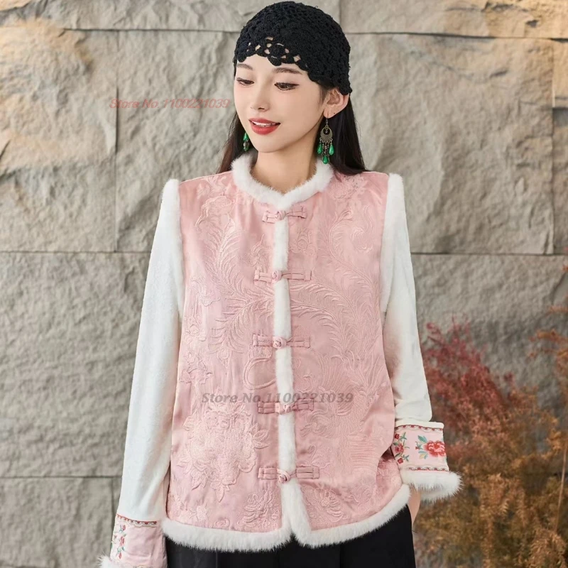 

2025 chinese vintage satin jacquard vest traditional phoenix embroidery cotton-padded vest retro hanfu tops sleeveless jacket
