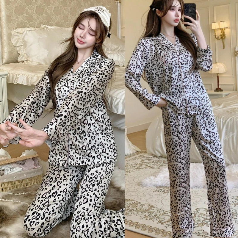 

Комплект женской пижамы из 2 предметов: весенне-осенний костюм с леопардовым принтом, пижама с отложным воротником, длинный рукав, из искусственного шелка, ночное белье