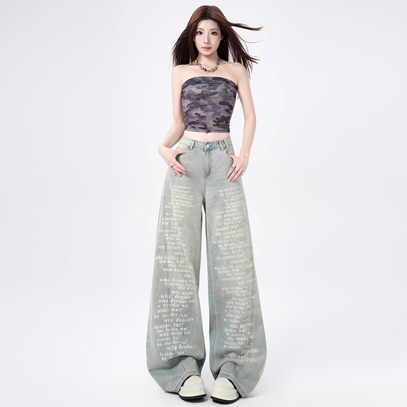 

Women's Jeans 2026 Spring New Arrival Printed Crafted Wide Leg Straight-Leg Hot Girl Retro Style High Waist Versatile