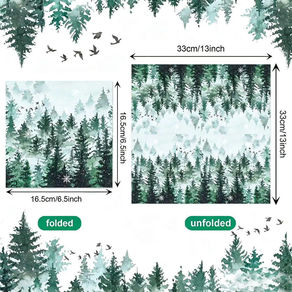 Green Misty Pine Tree Napkins Winter Snowflake Bird Watercolor Disposable Paper Napkin Xmas New Year Farmhouse Party Decor ﻿ - view 6