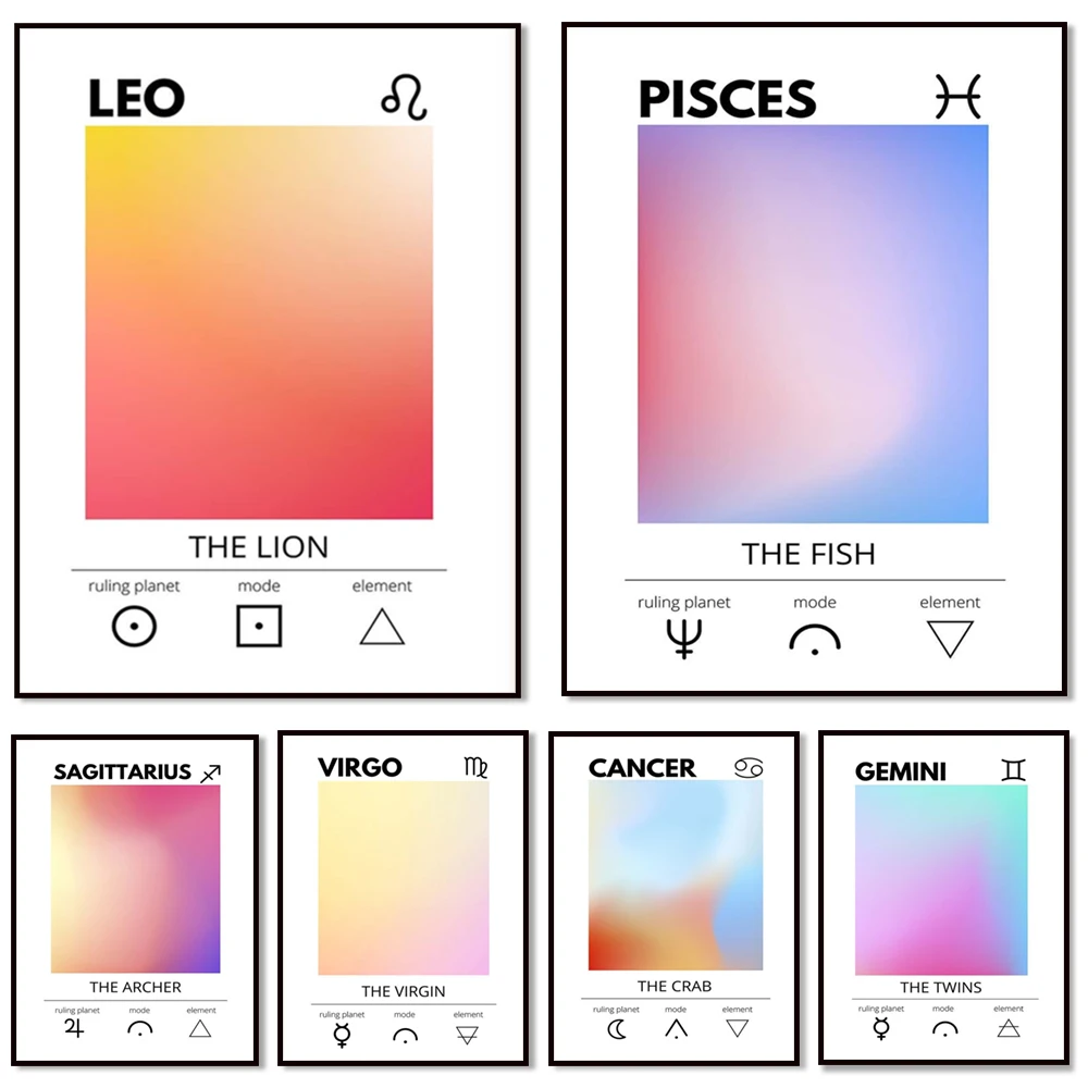 12 Zodiac Gifts, Aries, Pisces, Scorpio, Virgo, Gemini astrology print, halo gradient aesthetic poster colorful wall art poster