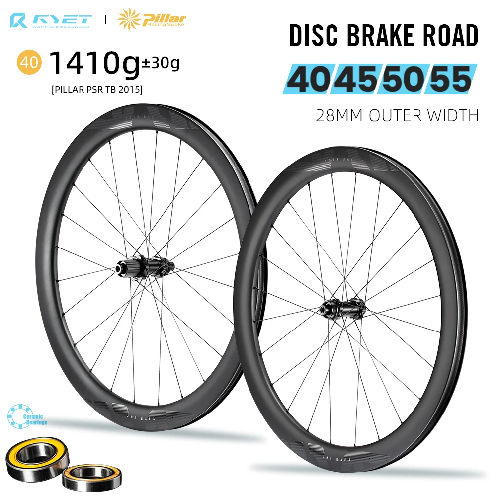 

RYET Carbon Road Wheelset Tubless Clincher Bicycle Disc Brake Hubs Wheels Rims Pillar Spoke 2015 Bike 40/45/50mm Rimset Cycling