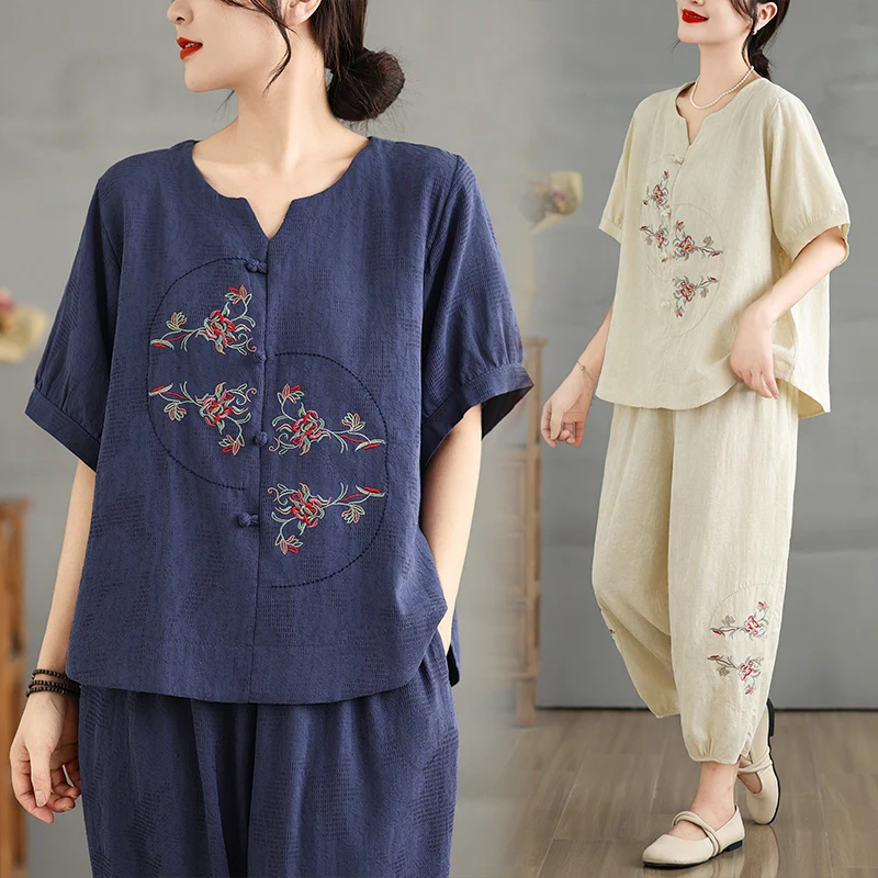 

Casual Cotton Linen Women's Set Two-Piece Suit V-Ne Nine-Piece Pants Harlan Pants Real ot Sle Summer Clothes for Mom