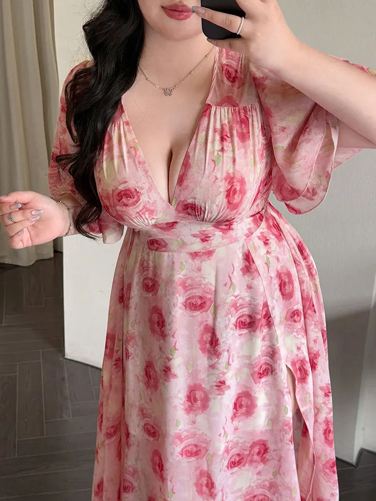 New Big Size Sexy V-Neck Floral Print Long Dresses Summer Side Slits Petal Sleeves Elegant Party Dress Plus Size Woman Clothing
