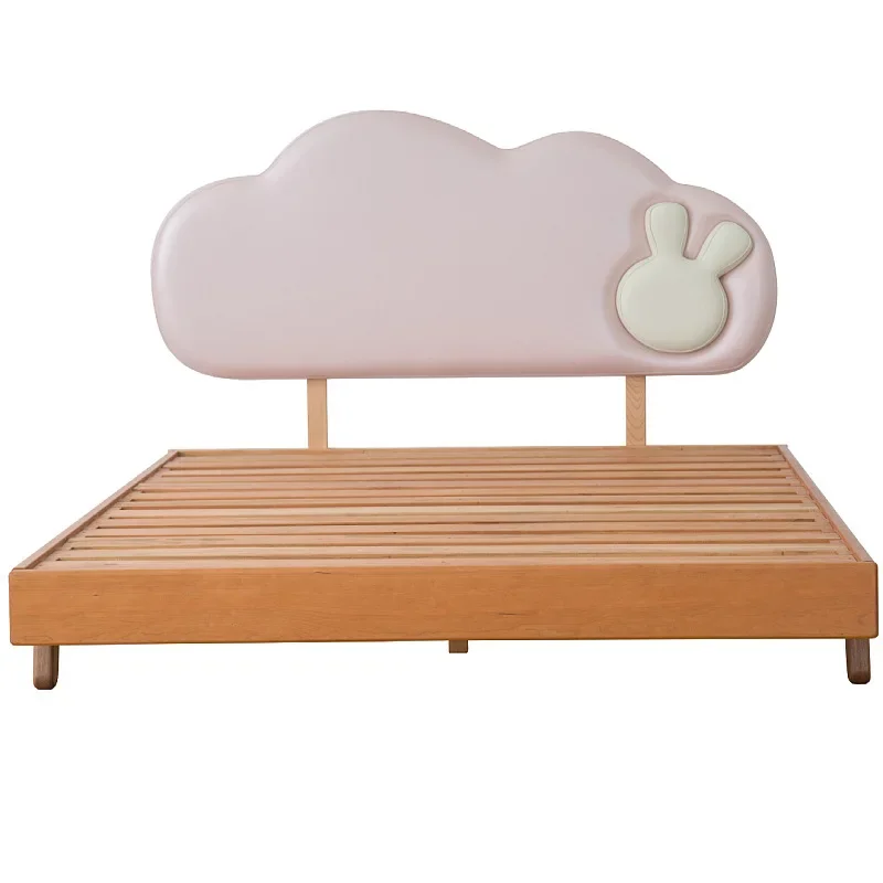 

Nordic all solid wood cartoon children's bed pink cute rabbit light luxury soft bag backrest minimalist single double bed