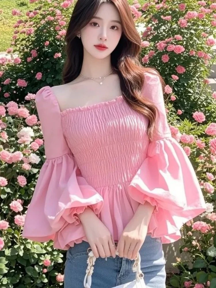 

Princess Lantern Sleeves Square Collar Pink Shirts Elastic Pleated Slim Fit Sexy Ruffles Blouse Tops Sweet Office Lady Casual