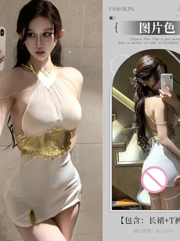 2025 جديد مثير معلقة الرقبة عارية الذراعين سلسلة اللون حجب فستان المرأة رقيقة جدا Cinching الخصر سليم التفاف الورك فستان قصير GCY7