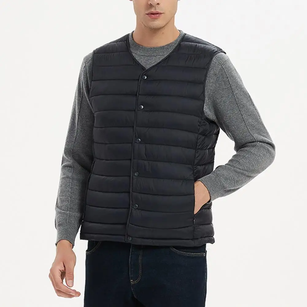 Men Winter Vest Solid Color Padded Sleeveless Single-breasted Cardigan Warm V Neck Windproof Winter Waistcoat for Trip