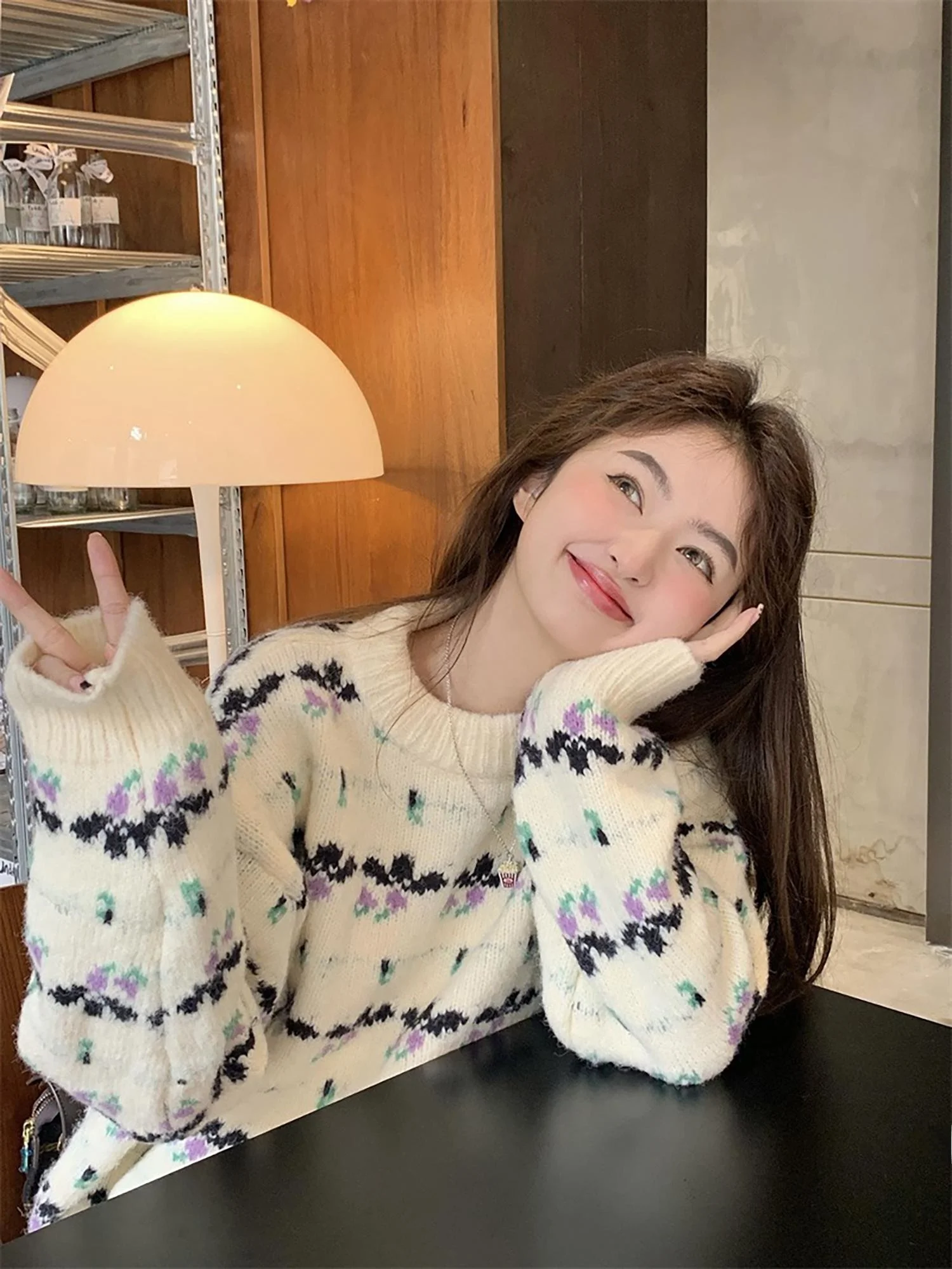 

Vanwenwen Cry Candy Beans Color Blo Knitted round Ne Sweater Women Winter Sweet Loose Lazy Sle Knitwear Top