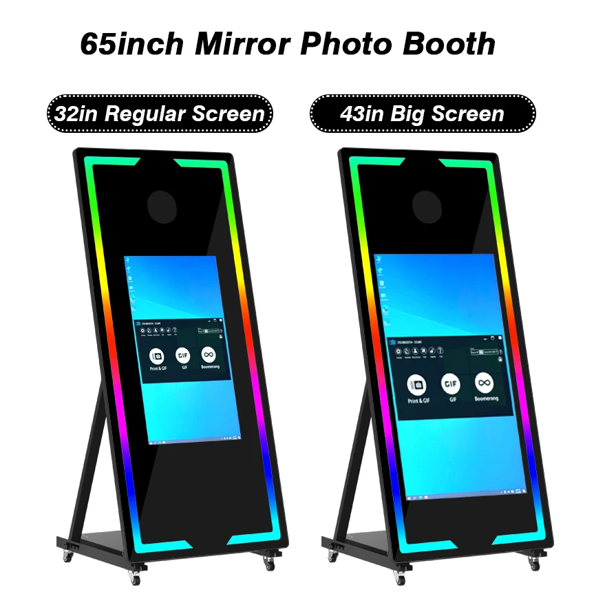 Twee 65-inch spiegelfotocabines, uitgerust met camera's en printers; een draagbare self-service fotocabine met een magische spiegel; een