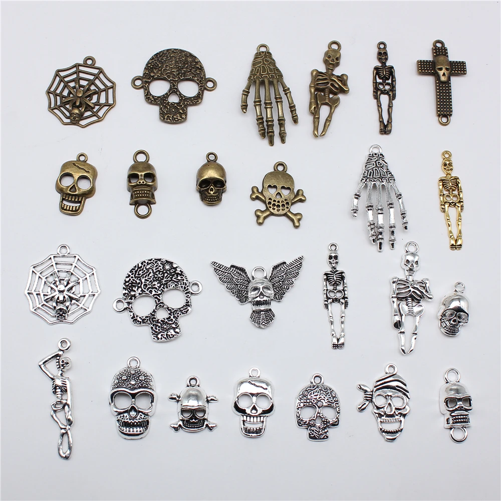 10pcs Skull Skeleton Charms For Jewelry Making Tibetan Bronze Silver Color Pendants Antique Jewelry Making DIY Handmade Craft