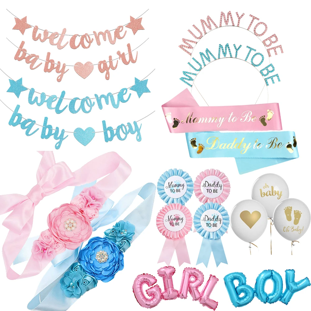 Mom Dad Blue Pink Badge Shoulder Strap Oh Baby Foot Printed Latex Balloon Baby Shower Girl Boy Gender Reveal Party Decorations