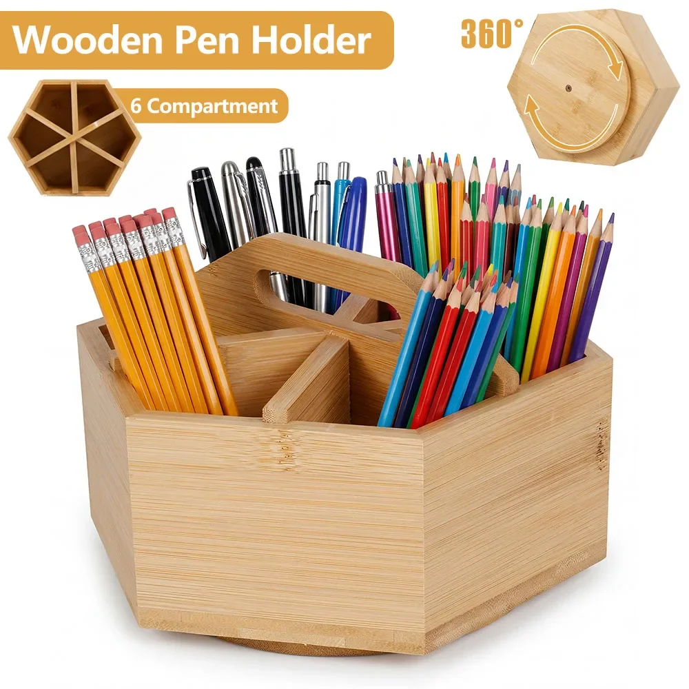 360° Rotating Pen Holder Wooden Hexagon Desktop Pencil Organizer with 6 Compartment and Handle Stationery Storage Box for Office