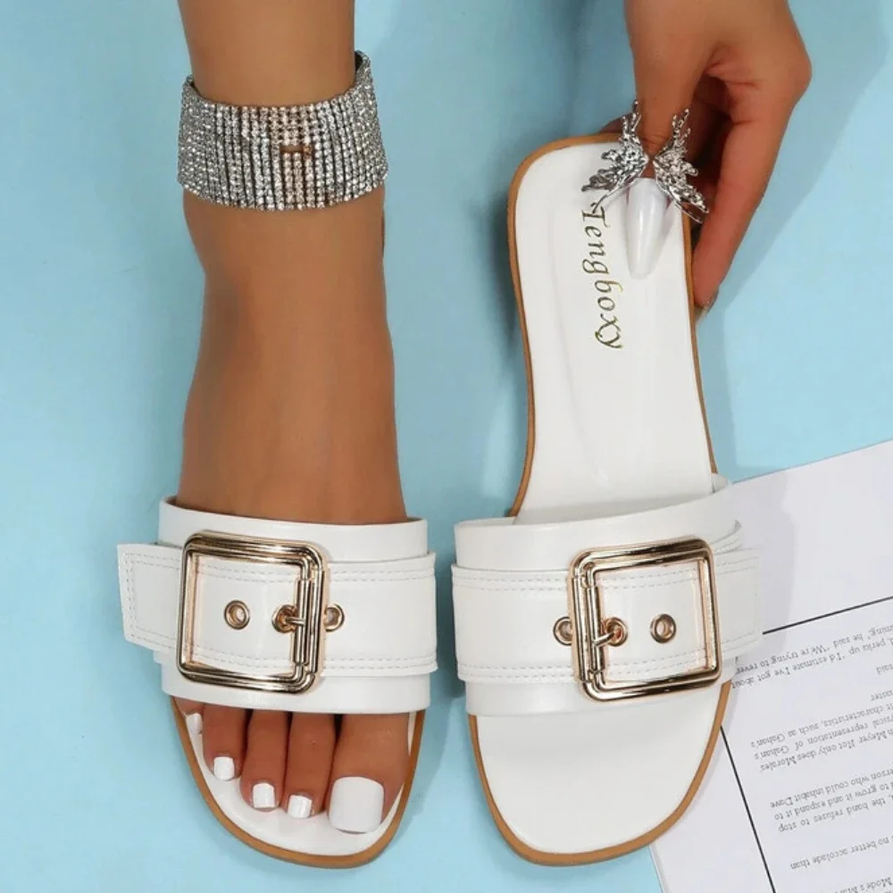 New Women Slides Personality Buckle Open Toe Wear-resistant Office White Flat Slippers Summer Sandy Beach Sandals Women Shoes