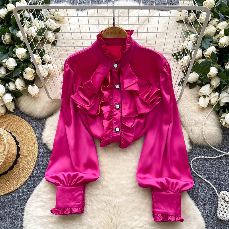

Spring Autumn French Style Standing Collar Ruffle Edge Shirt for Women Fashionable Versatile Chic Party Blouse Tops W101