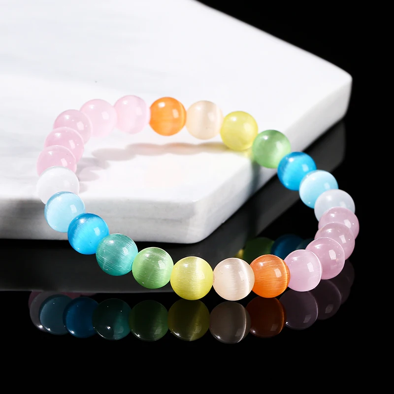 JD Natural Stone Colorful Cat Eye Round Beaded Bracelet Women Fashion Simple Handmade Stretch Bangles Yoga Meditation Jewelry