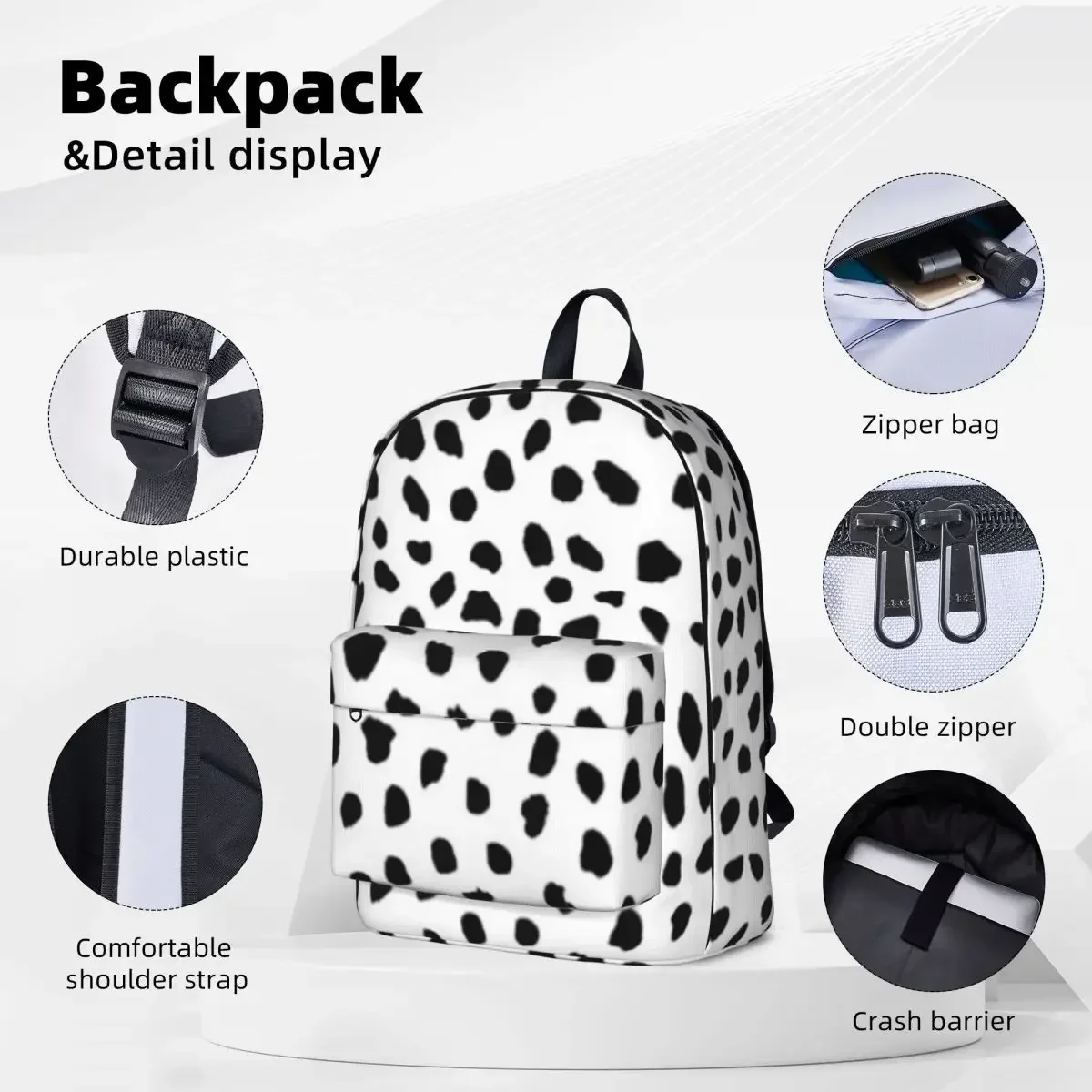 Aspyn Spots - Black And White Backpack Waterproof Student School Bag Laptop Rucksack Travel Rucksack Large Capacity Bookbag