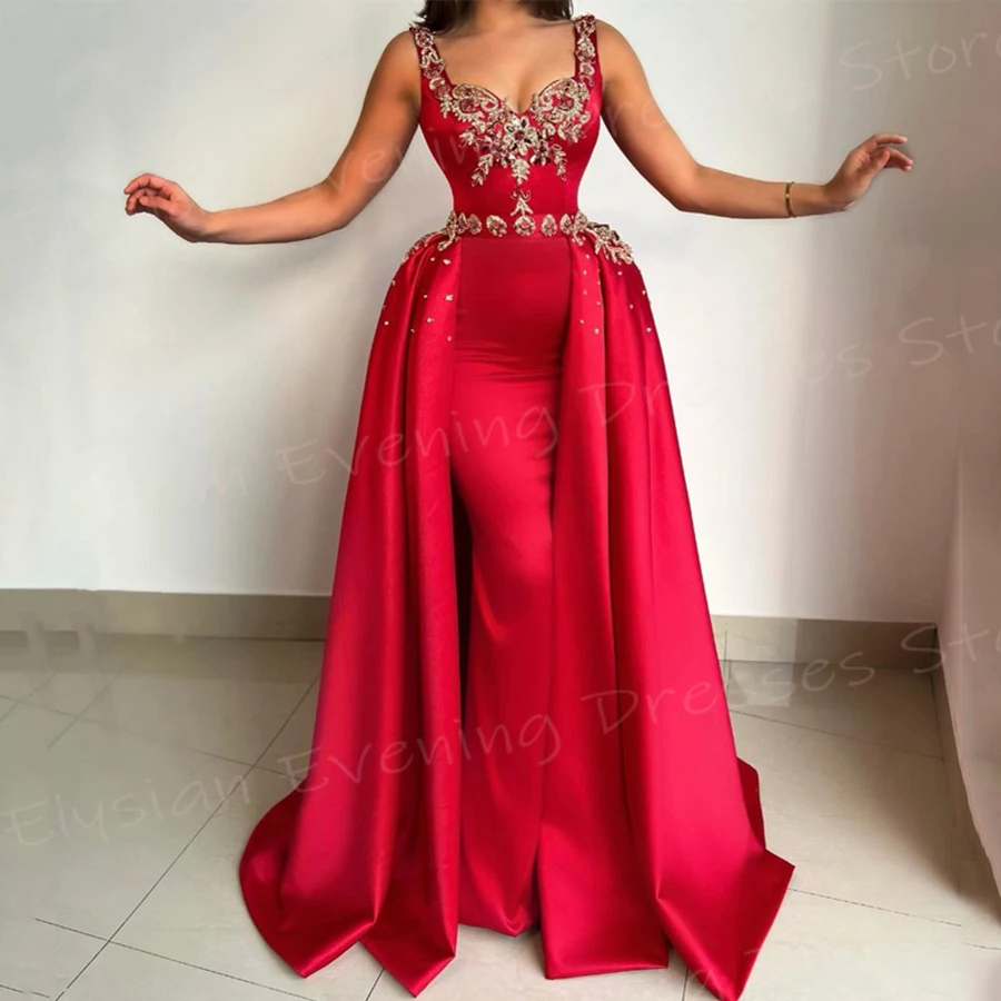 

Popular Red Women's Mermaid Classic Evening Dresses Beautiful Sweetheart Prom Gowns Modern Sleeveless Appliques Vestido De Noche