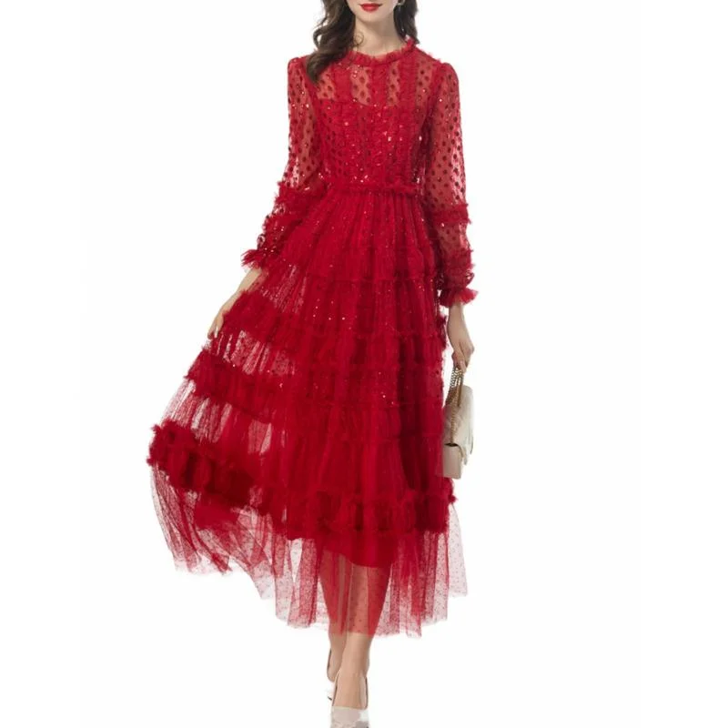 QMQA Fashion Women's Sequins Dresses Long Sleeve Luxury Ruffle Edge Splicing Wine Red Elegant Dress 2025 New Spring 1A806