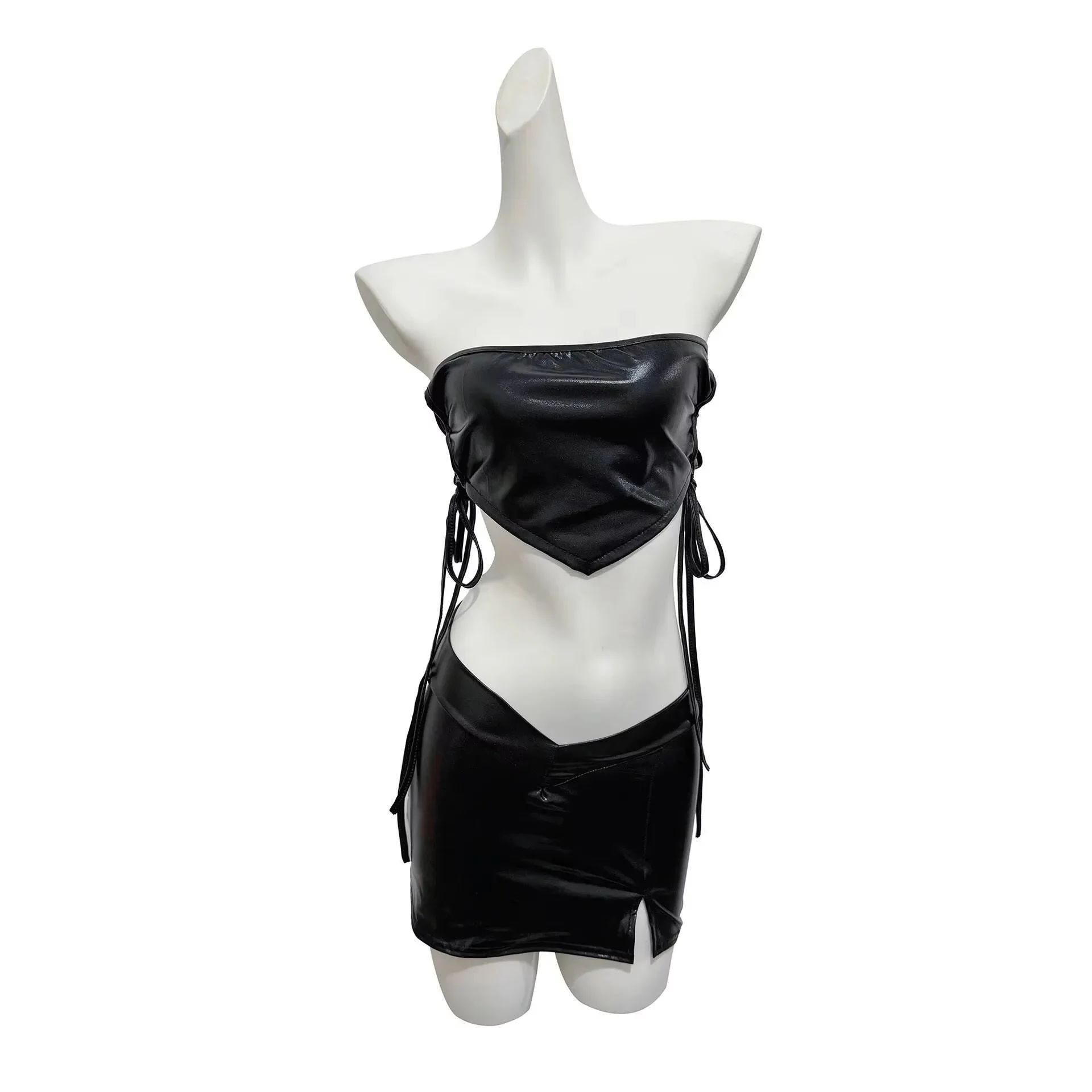 Hot Girl Leather Outfit Set Hot Girl Strapless Seductive Slimming Bodycon Skirt Sexy Sets Off-the-shoulder Pure Desire HWN4