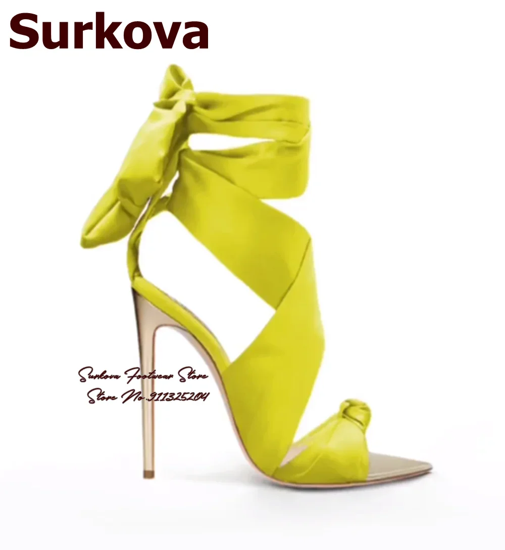Surkova Golden Heels Royal Blue Satin Sandals Stilettos Pointed Toe Butterfly-know Dress Shoes Lace-up Bunny Ears Bowtie Pumps