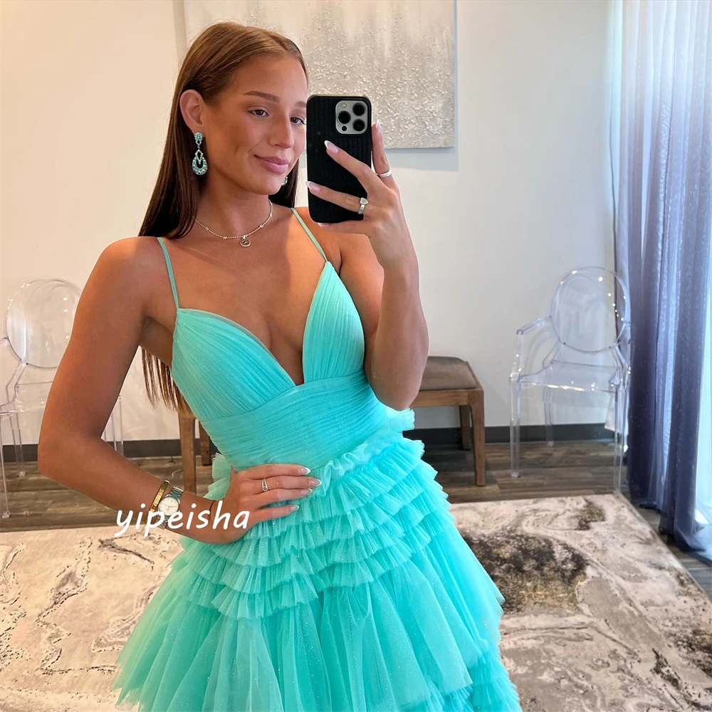 Maßgeschneiderter einfacher Abschlussball, sexy, lässig, Spaghettiträger, Ballkleid, Quinceanera-Kleid, geschichtete bodenlange Röcke, Organza-Abend