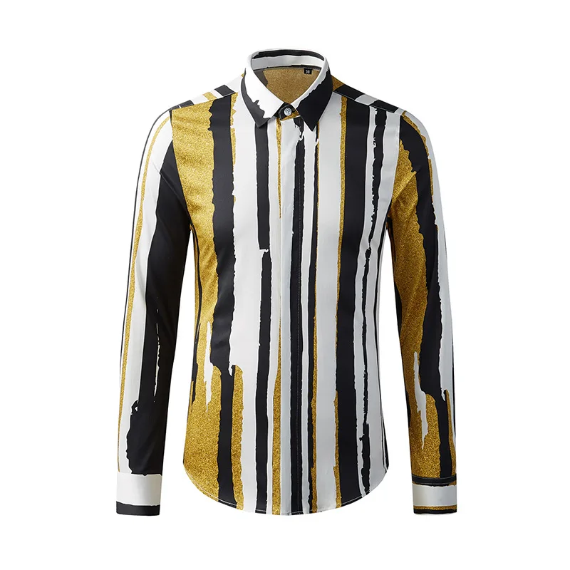 Palace style high-end pure cotton digital color blocking direct spray printed men's youth casual long sleeved shirt