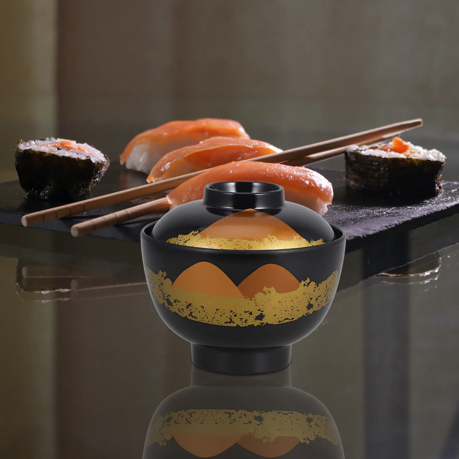 Tazón Japonés para Sopa con Tapa, Diseño Tradicional de Melamina, Reutilizable para el Hogar o Restaurantes, Recipiente para Arroz Asiático