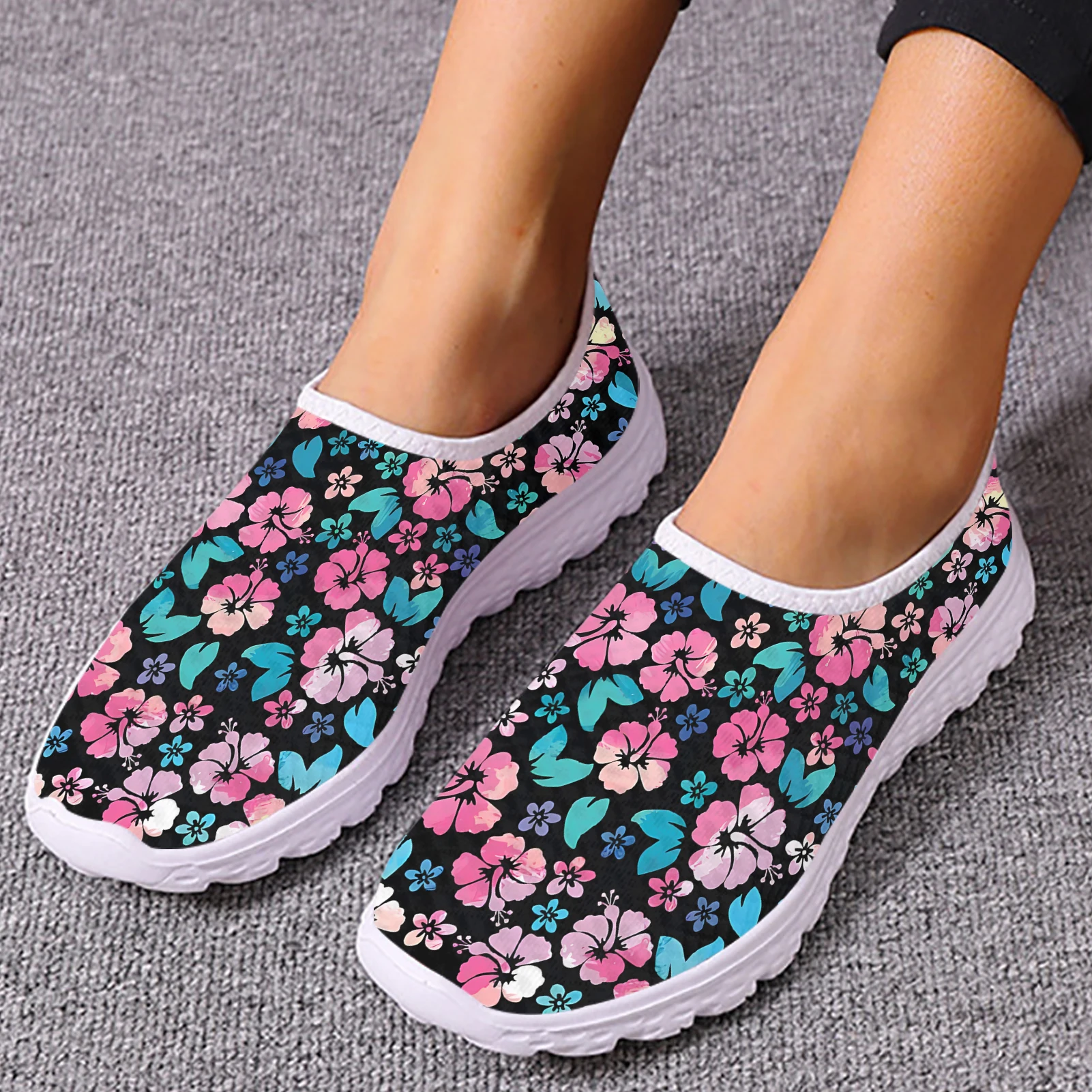 INSTANTARTS Hawaiian Hibiscus Loafers Tropical Plant Floral Print Comfortable Mesh Shoes Women\'s Casual Slip On Shoes Chaussure